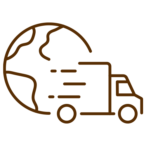 Icon of a delivery truck with globe behind it